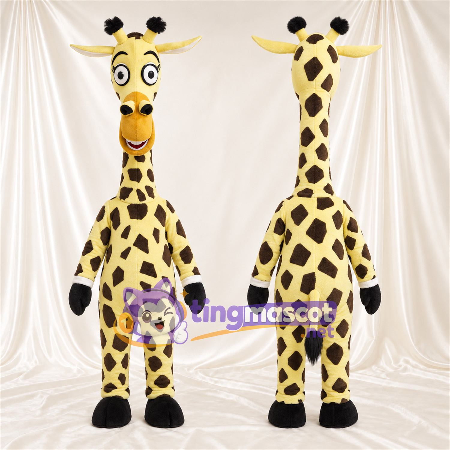 Maskottchenkostüm Giraffe – gelb / schwarz – Großes Fleckenmuster; Langer Hals Maskottchenkostüm Giraffe – gelb / schwarz – Großes Fleckenmuster; Langer Hals
