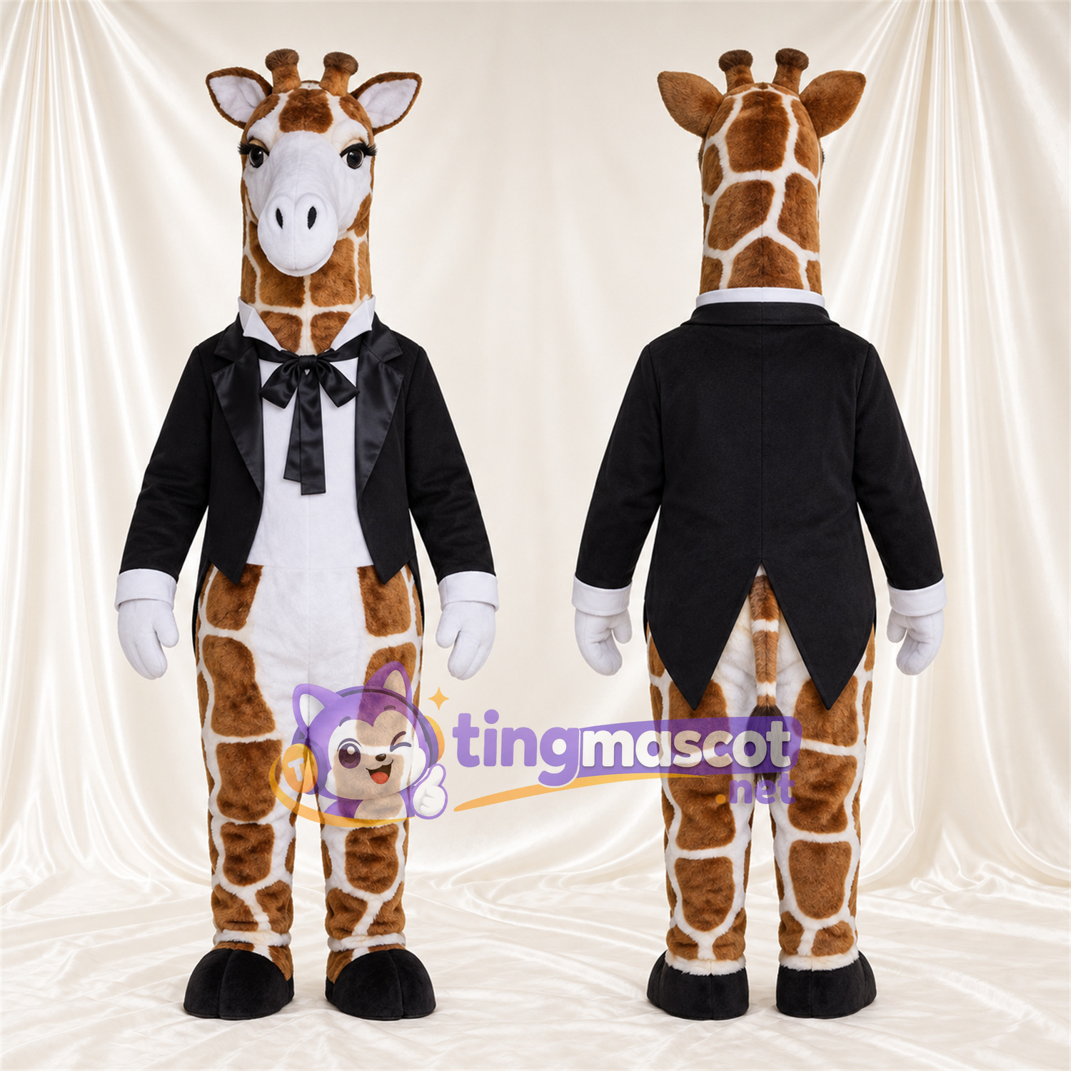 Brown and Cream Giraffe Mascot Costume - Black Jacket and Bow Tie Brown and Cream Giraffe Mascot Costume - Black Jacket and Bow Tie