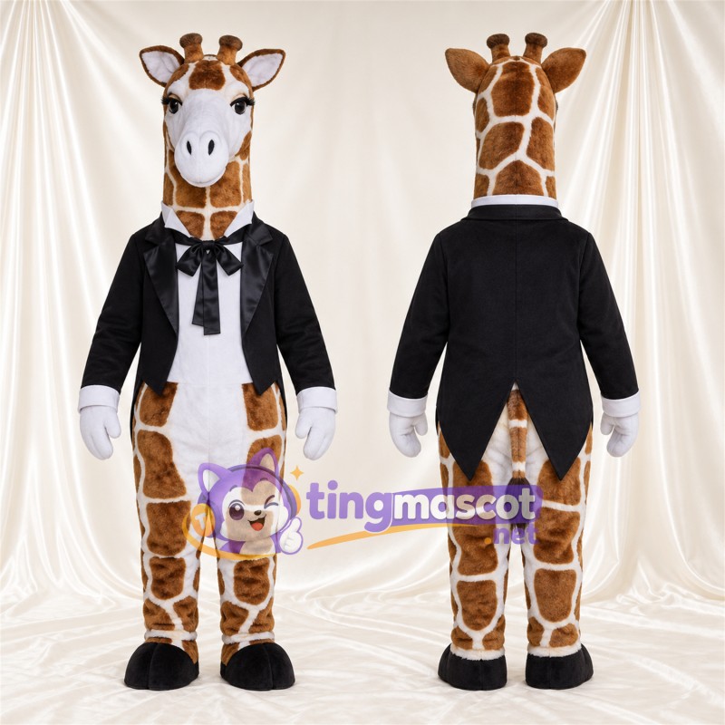 Brown and Cream Giraffe Mascot Costume - Black Jacket and Bow Tie
