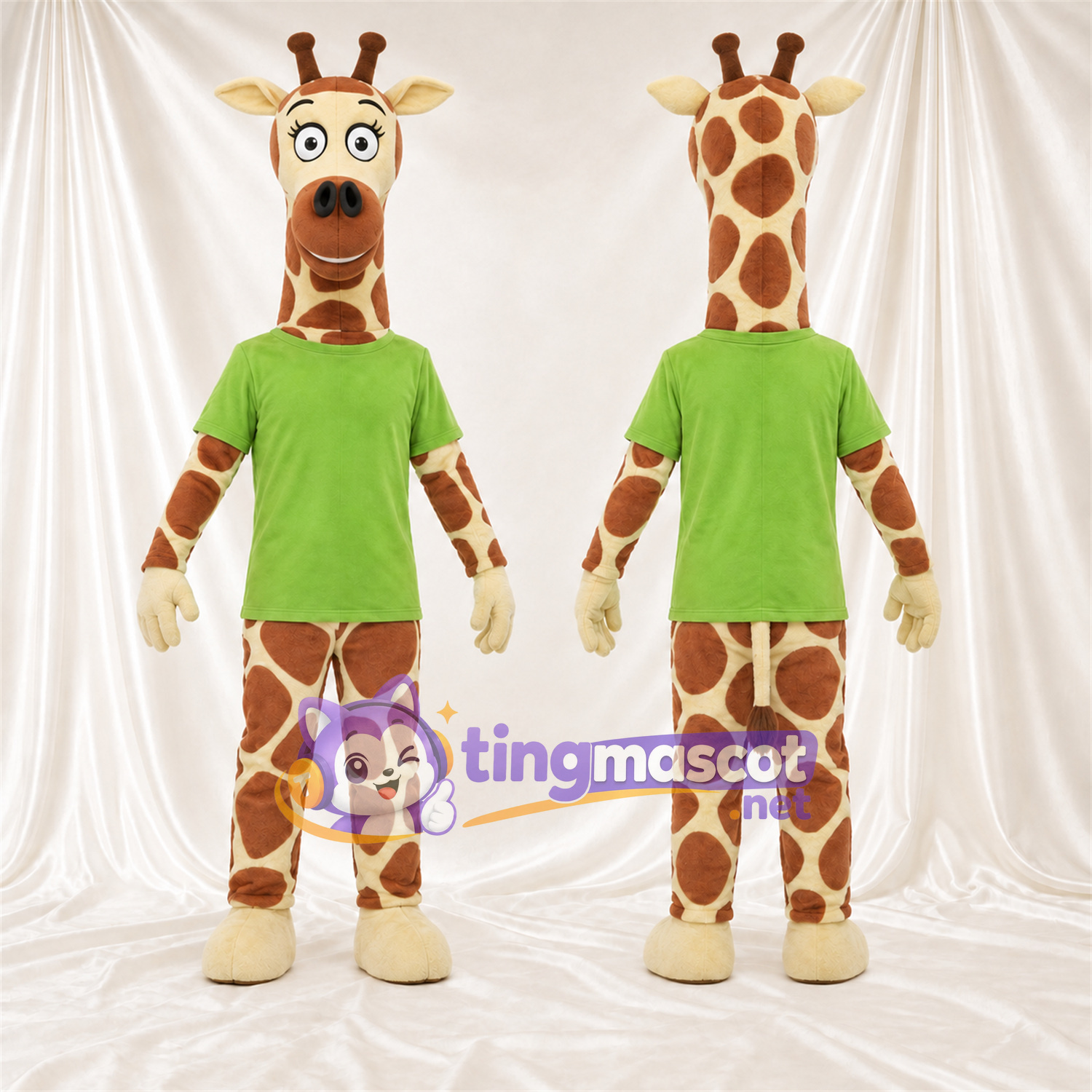 Costume de mascotte Girafe – marron / crème – Chemise (vert); Sabots (crème) Costume de mascotte Girafe – marron / crème – Chemise (vert); Sabots (crème)