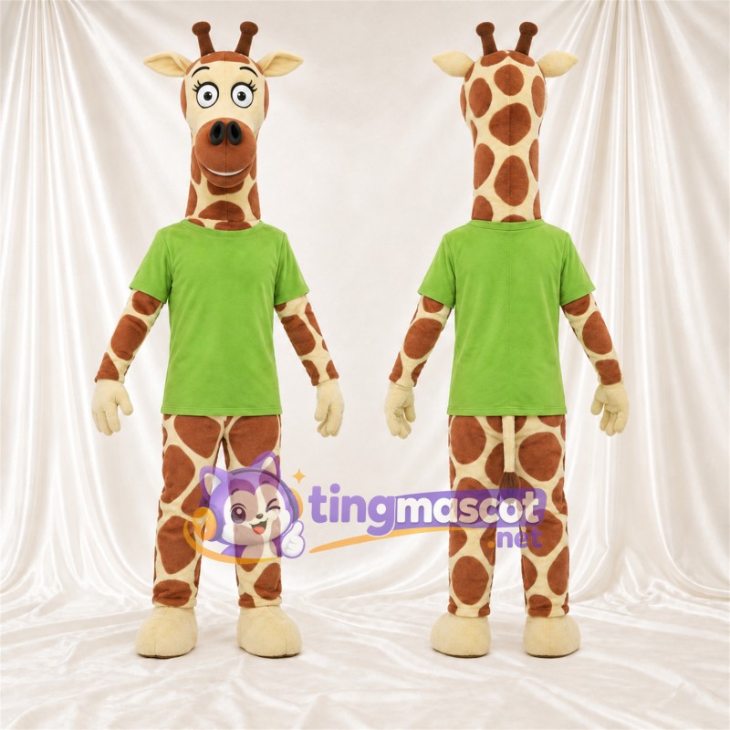 Costume de mascotte Girafe – marron / crème – Chemise (vert); Sabots (crème)