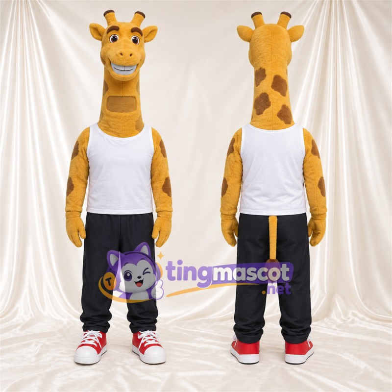 Maskottchenkostüm Giraffe – gelb / braun – Tanktop (weiß); Hose (schwarz)