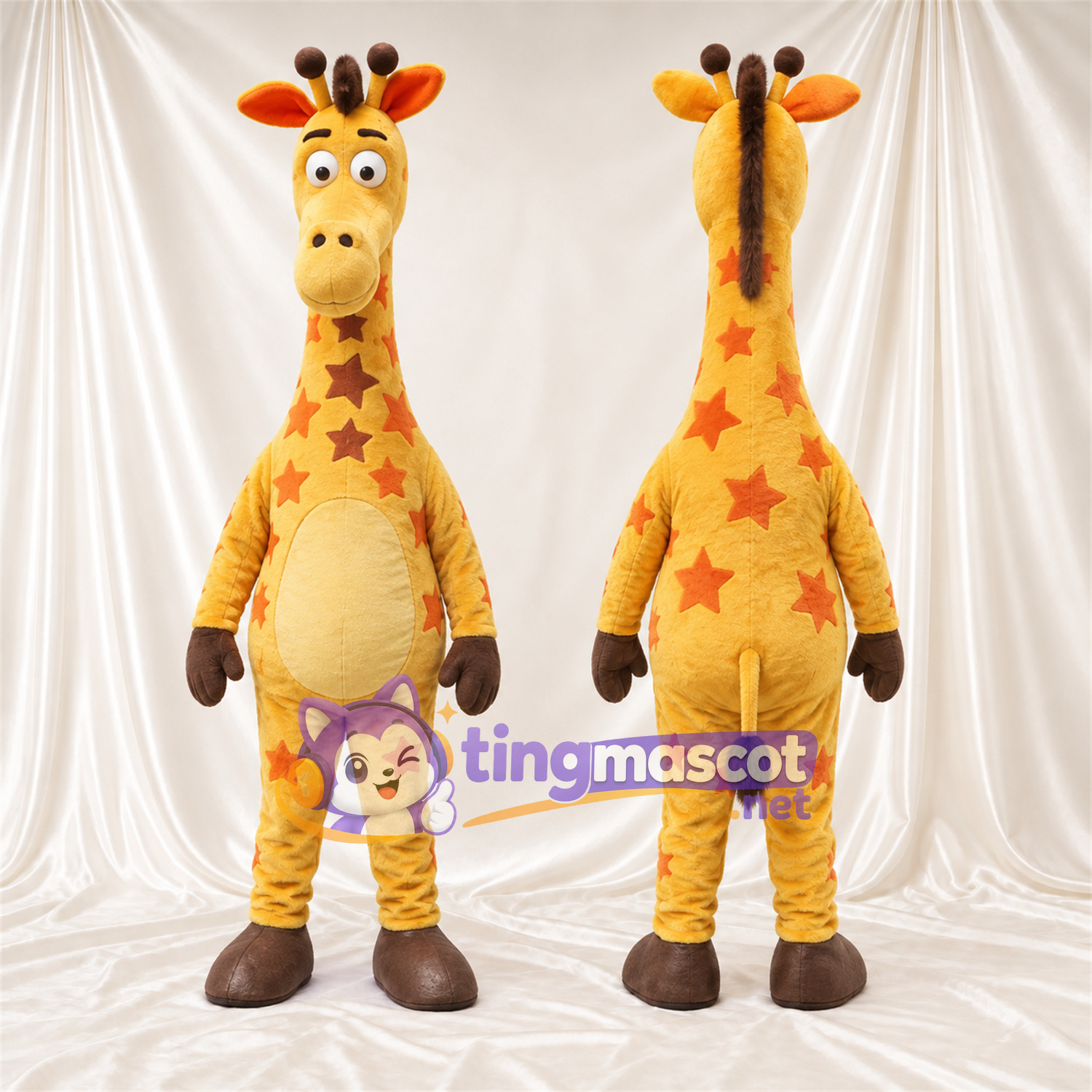 Maskottchenkostüm Giraffe – gelb / orange – Runder Bauch; Sternenmuster Maskottchenkostüm Giraffe – gelb / orange – Runder Bauch; Sternenmuster