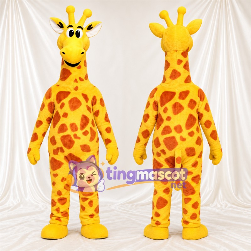 Costume de mascotte Girafe – jaune / marron – Visage souriant; Motif à grandes taches