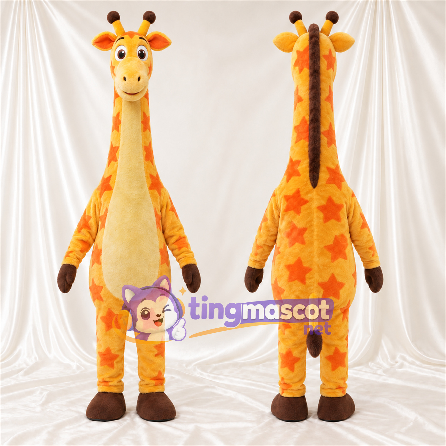 Maskottchenkostüm Giraffe – gelb / orange – Hufe (braun); Sternenmuster Maskottchenkostüm Giraffe – gelb / orange – Hufe (braun); Sternenmuster