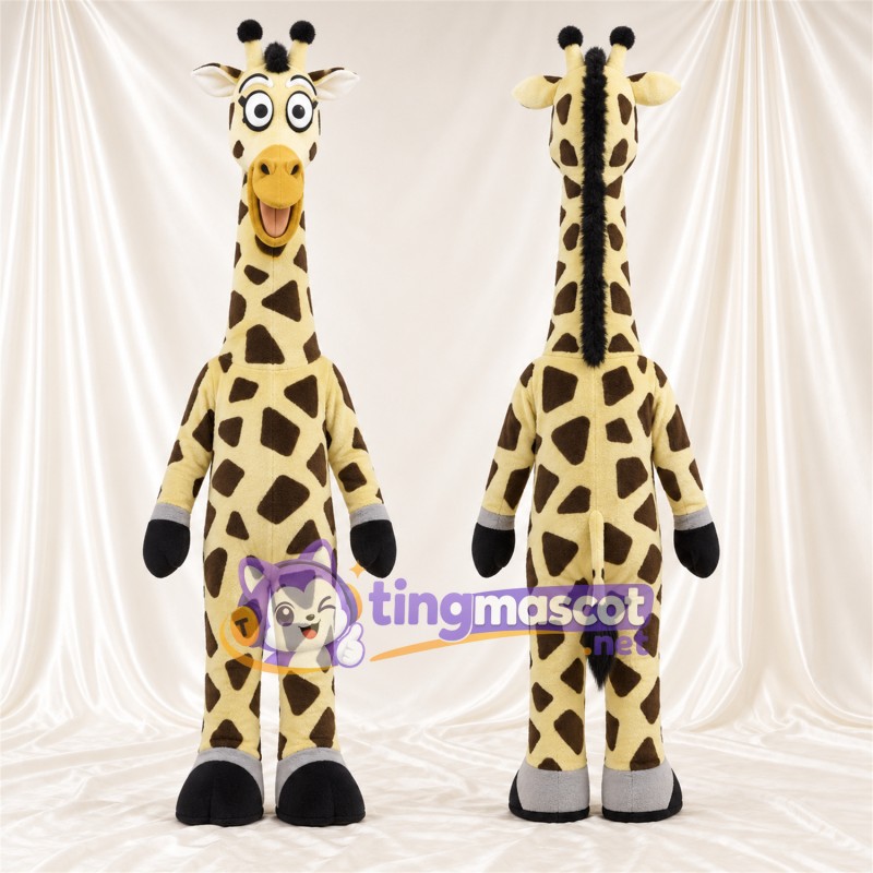 Costume de mascotte Girafe – jaune / noir – Sourire avec dents; Motif à grandes taches