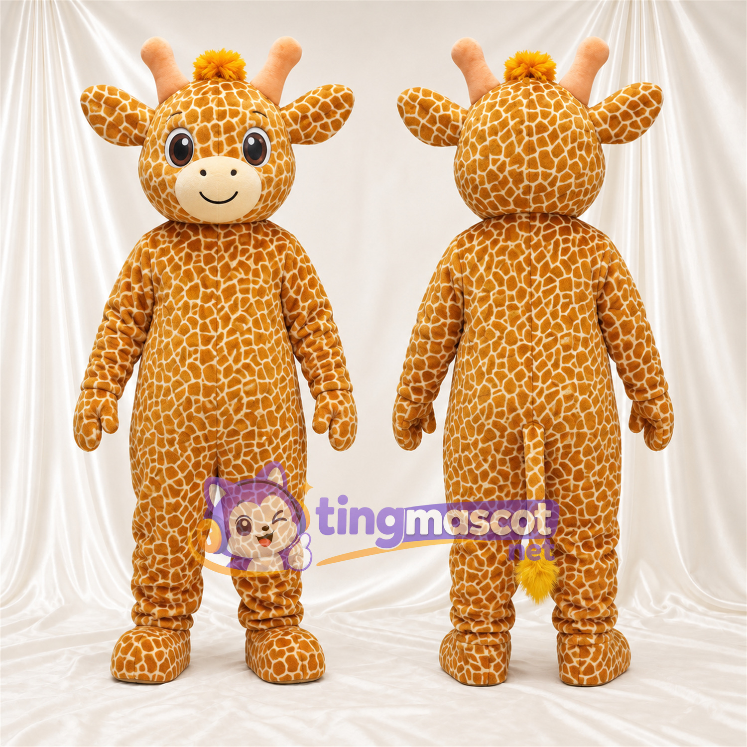 Costume de mascotte Girafe – jaune / marron – Cou court; Motif à petites taches Costume de mascotte Girafe – jaune / marron – Cou court; Motif à petites taches
