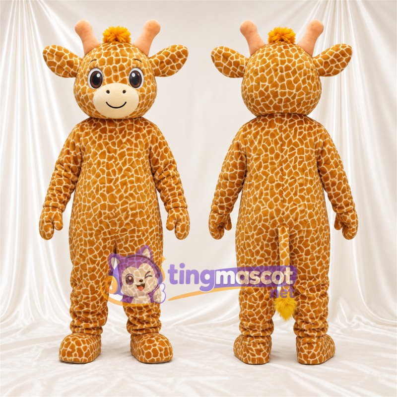 Costume de mascotte Girafe – jaune / marron – Cou court; Motif à petites taches