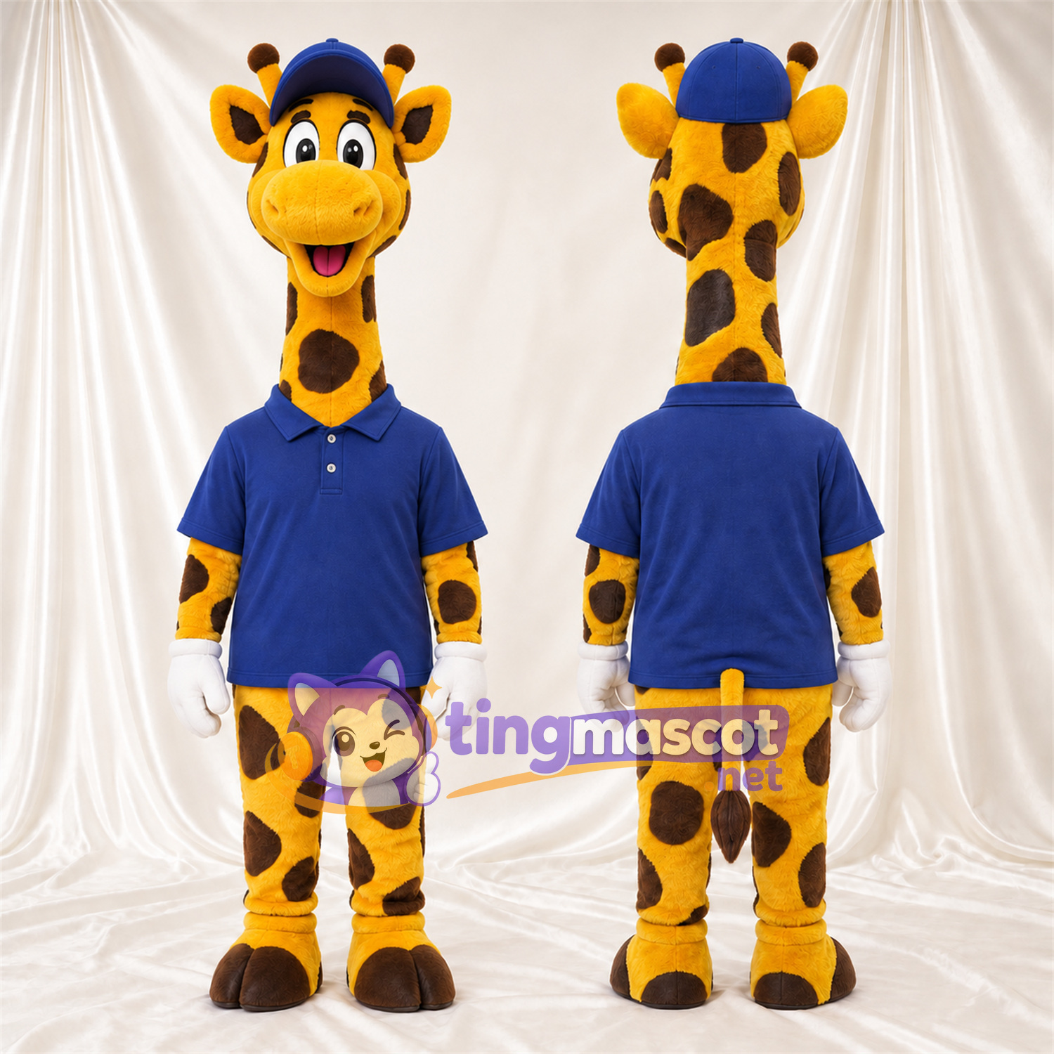 Maskottchenkostüm Giraffe – gelb / schwarz – Poloshirt (blau); Kappe Maskottchenkostüm Giraffe – gelb / schwarz – Poloshirt (blau); Kappe