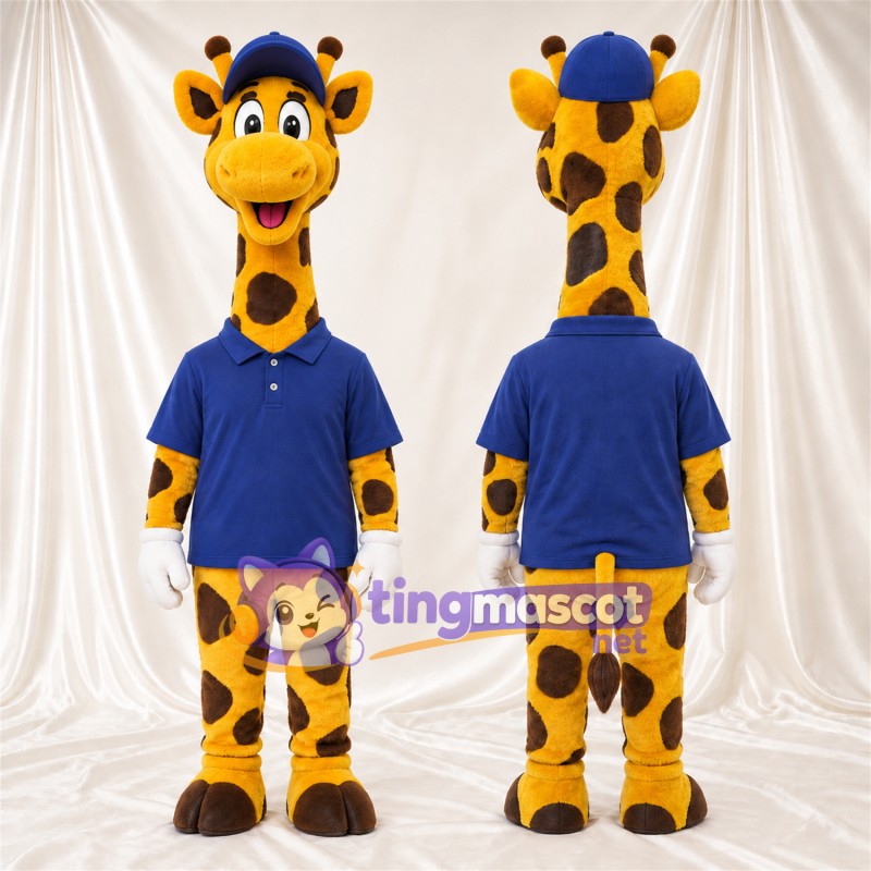 Maskottchenkostüm Giraffe – gelb / schwarz – Poloshirt (blau); Kappe