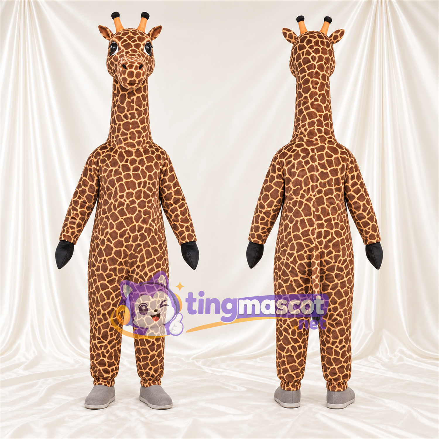 Brown and Cream Giraffe Mascot Costume - Black Gloves and Small Patch Pattern Brown and Cream Giraffe Mascot Costume - Black Gloves and Small Patch Pattern