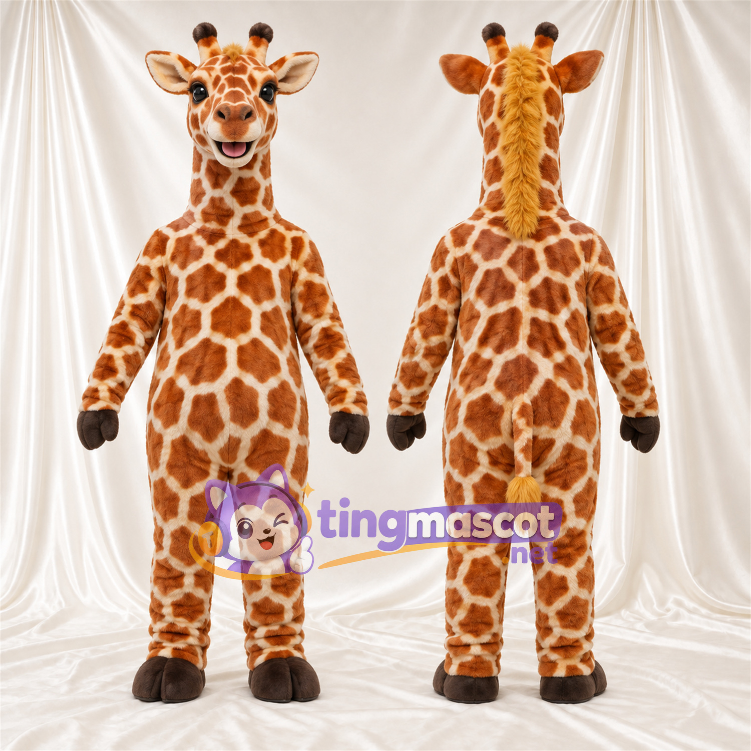 Costume de mascotte Girafe – marron / crème – Sourire avec dents; Motif à grandes taches Costume de mascotte Girafe – marron / crème – Sourire avec dents; Motif à grandes taches