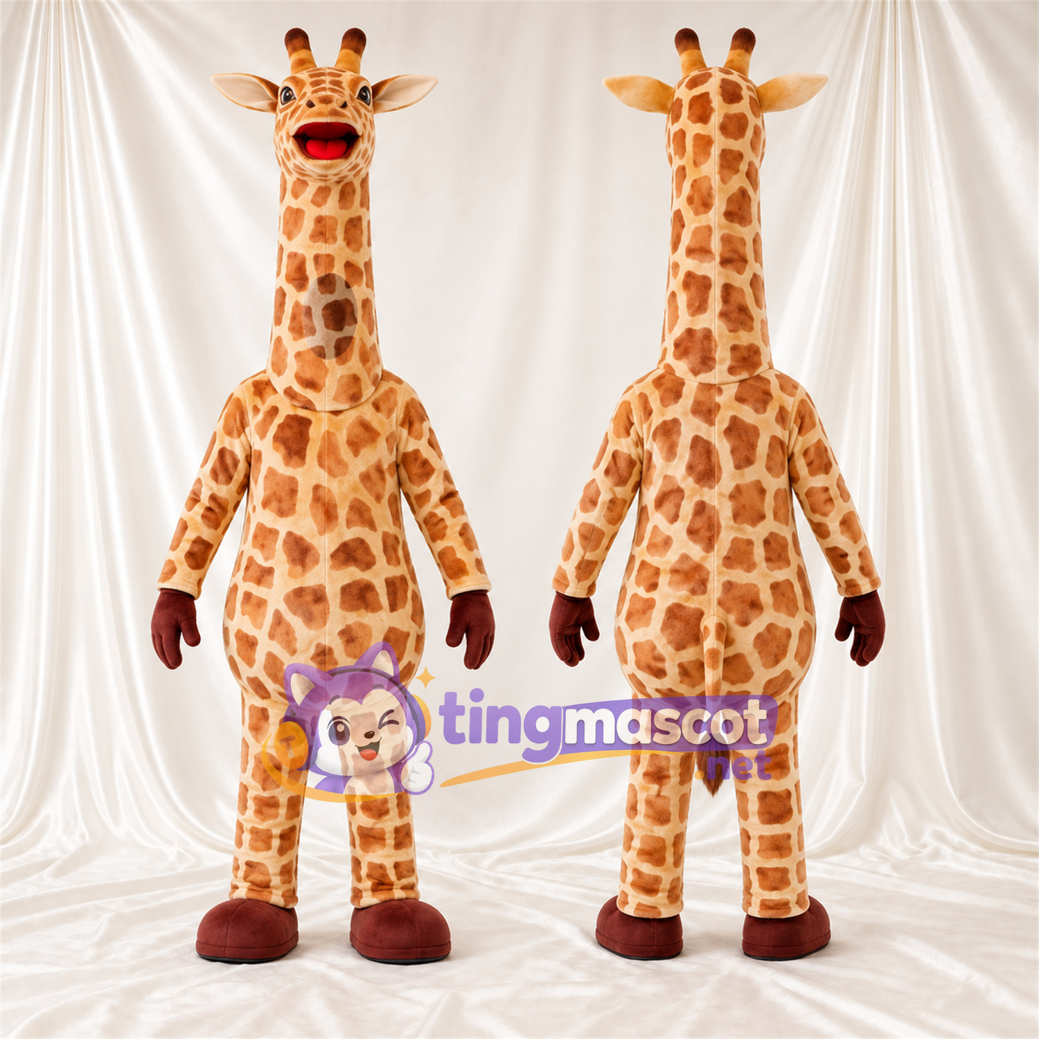 Costume de mascotte Girafe – jaune / marron – Bouche ouverte; Long cou Costume de mascotte Girafe – jaune / marron – Bouche ouverte; Long cou