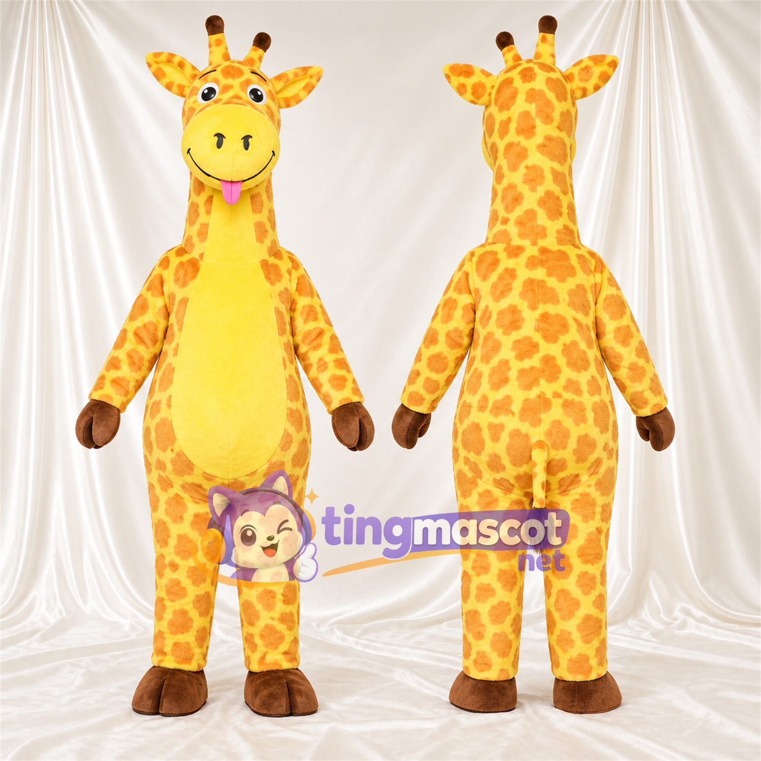 Maskottchenkostüm Giraffe – gelb / braun – Bauch (gelb); Zunge (rosa) Maskottchenkostüm Giraffe – gelb / braun – Bauch (gelb); Zunge (rosa)