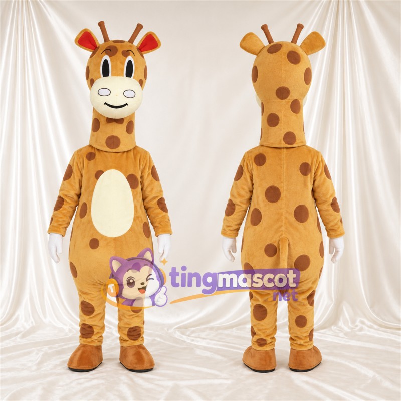 Costume de mascotte Girafe – marron / crème – Gants (blanc); Taches