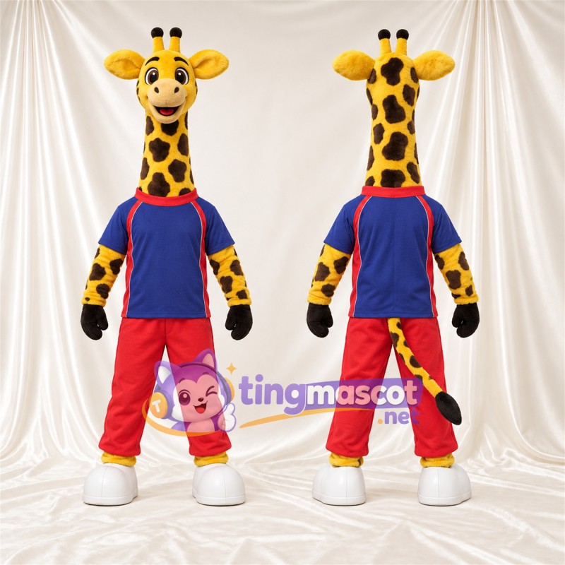 Costume de mascotte Girafe – jaune / marron – Chemise (bleu); Pantalon (rouge)