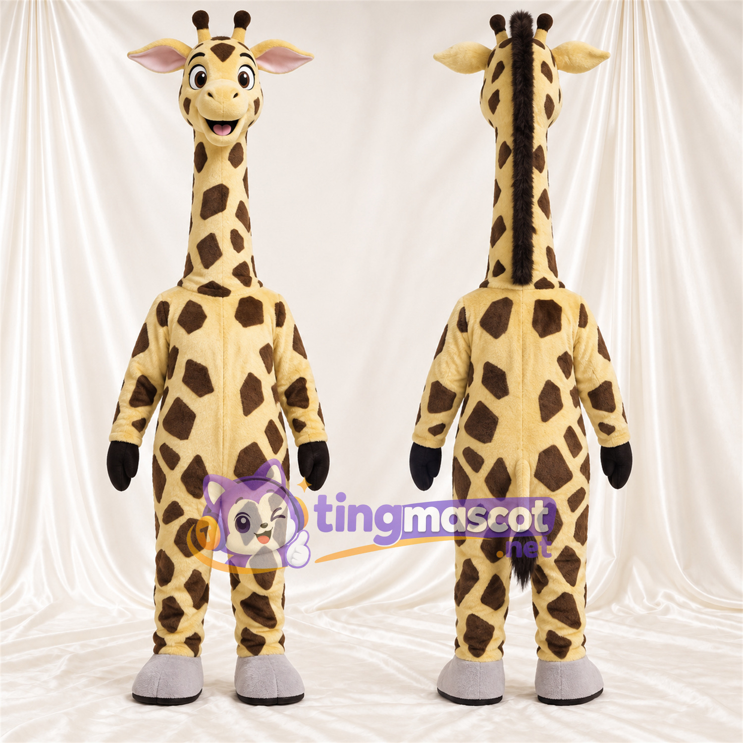 Costume de mascotte Girafe – marron / crème – Sourire avec dents; Motif à grandes taches Costume de mascotte Girafe – marron / crème – Sourire avec dents; Motif à grandes taches