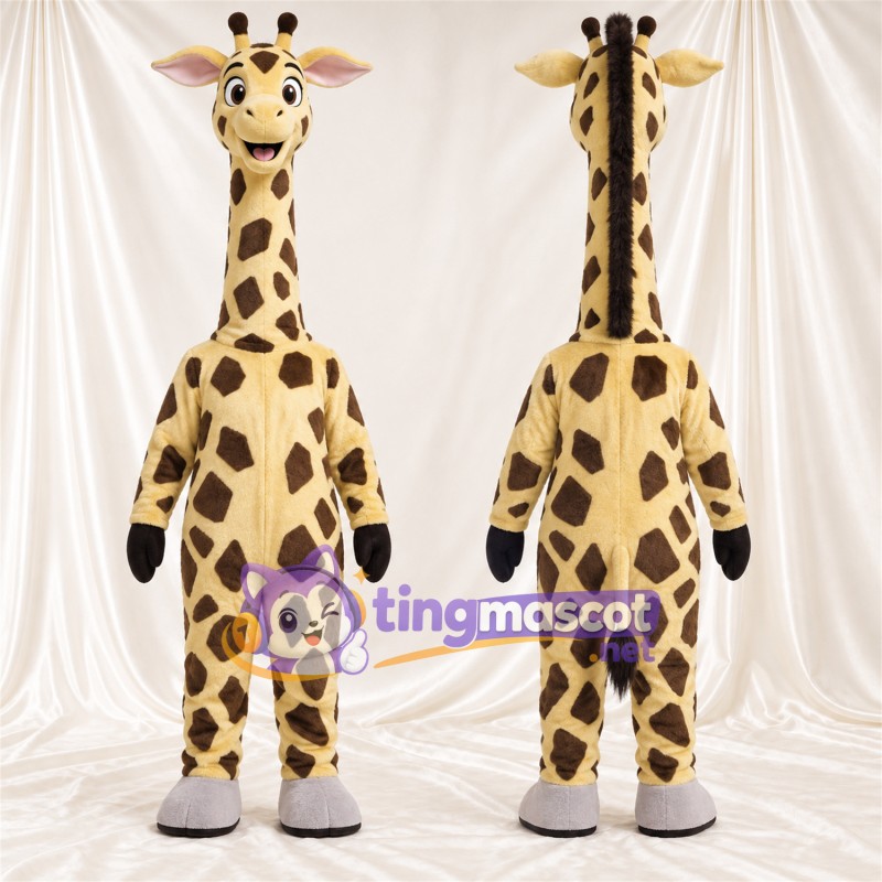 Costume de mascotte Girafe – marron / crème – Sourire avec dents; Motif à grandes taches