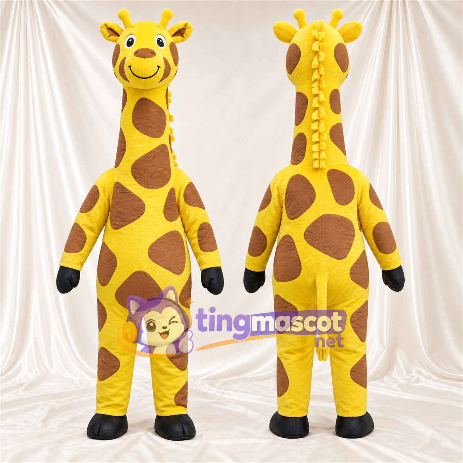 Costume de mascotte Girafe – jaune / marron – Visage souriant; Motif à grandes taches Costume de mascotte Girafe – jaune / marron – Visage souriant; Motif à grandes taches