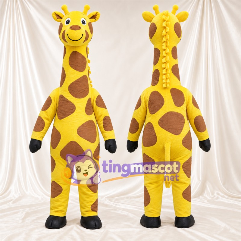 Costume de mascotte Girafe – jaune / marron – Visage souriant; Motif à grandes taches