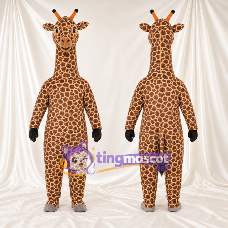 Brown and Cream Giraffe Mascot Costume - Black Gloves and Small Patch Pattern