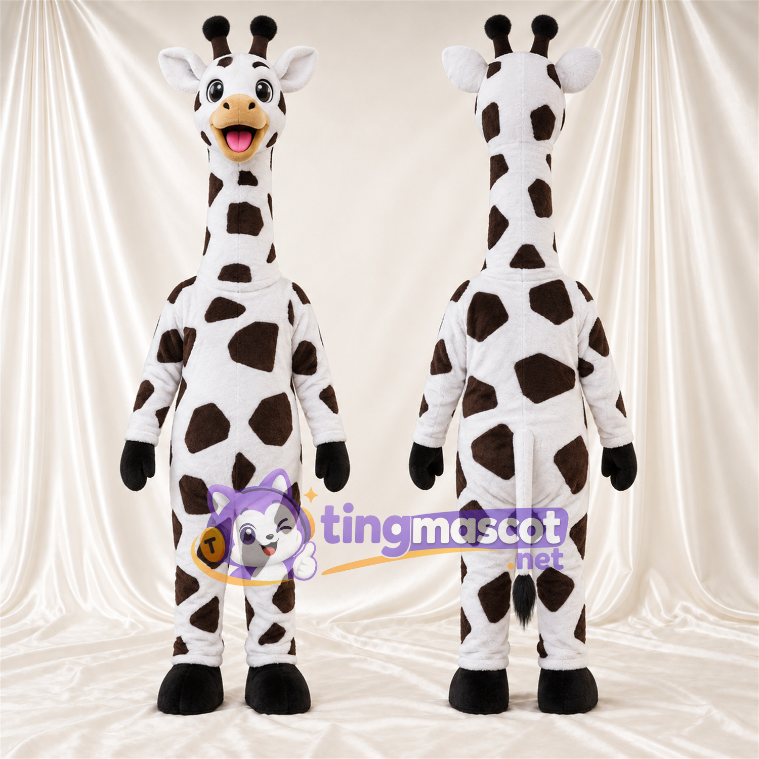 Black and White Giraffe Mascot Costume - Open Mouth and Large Patch Pattern Black and White Giraffe Mascot Costume - Open Mouth and Large Patch Pattern