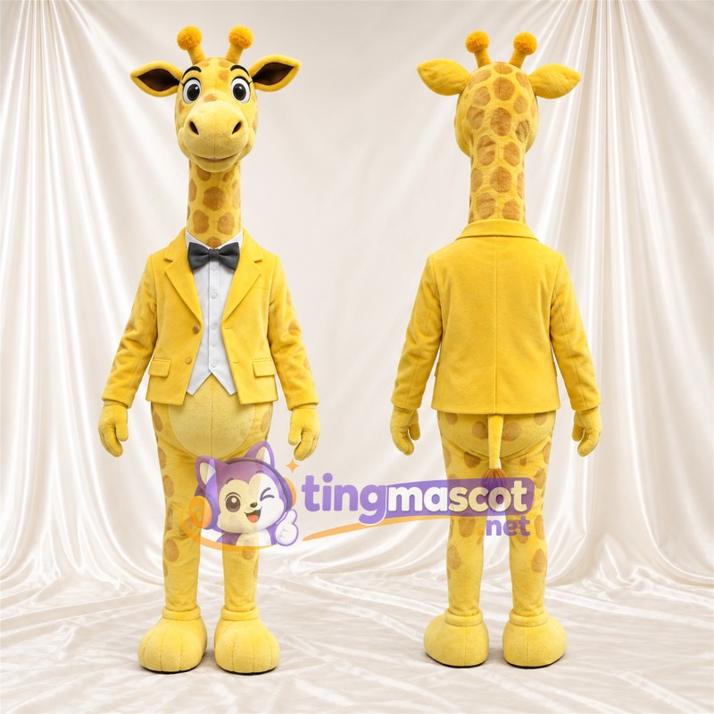 Maskottchenkostüm Giraffe – gelb / braun – Anzug (gelb); Fliege (schwarz)