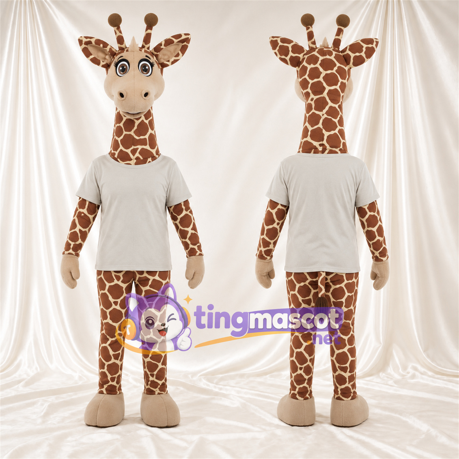 Costume de mascotte Girafe – marron / crème – Chemise (blanc); Visage (crème) Costume de mascotte Girafe – marron / crème – Chemise (blanc); Visage (crème)