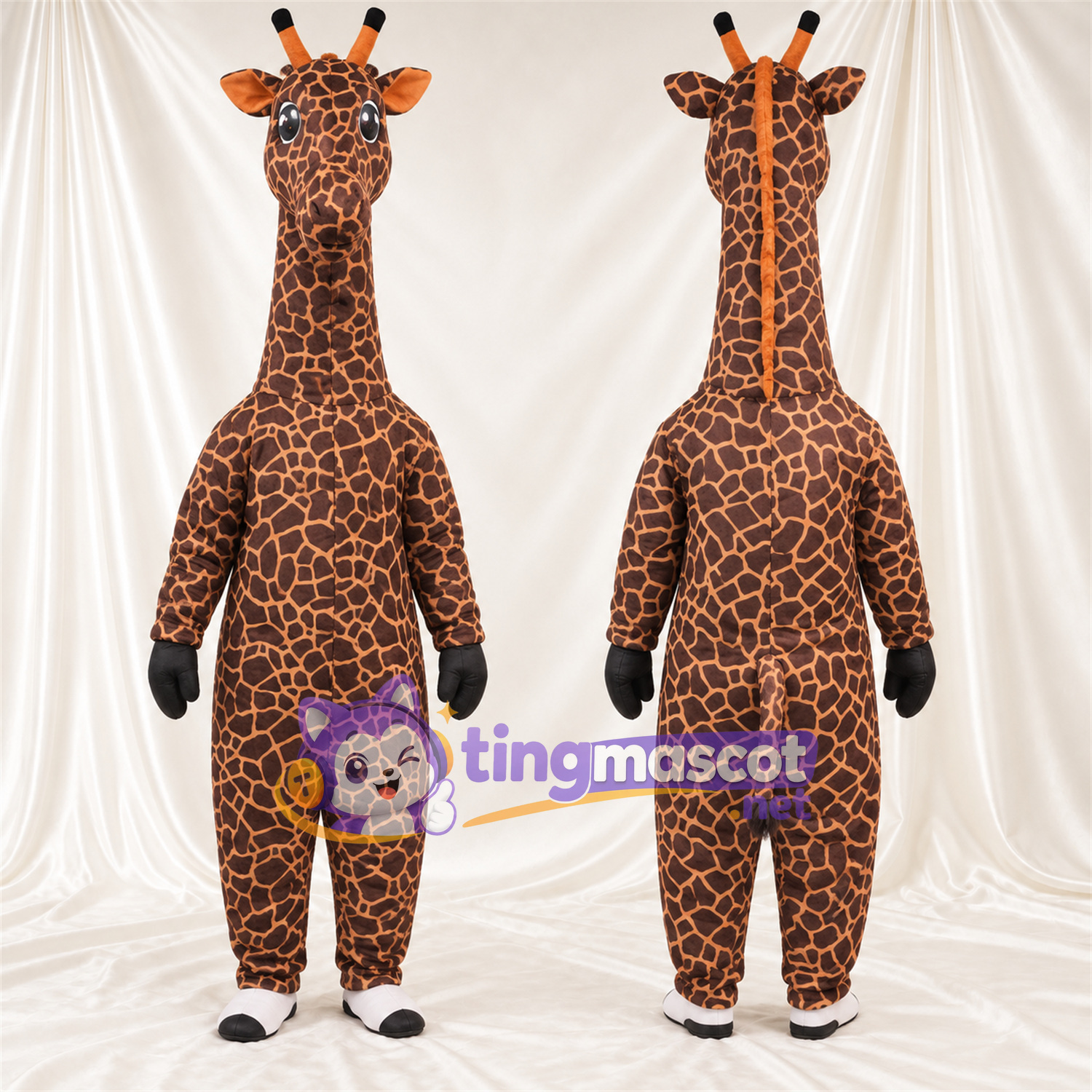 Maskottchenkostüm Giraffe – braun / creme – Kleines Fleckenmuster; Zehen (weiß) Maskottchenkostüm Giraffe – braun / creme – Kleines Fleckenmuster; Zehen (weiß)