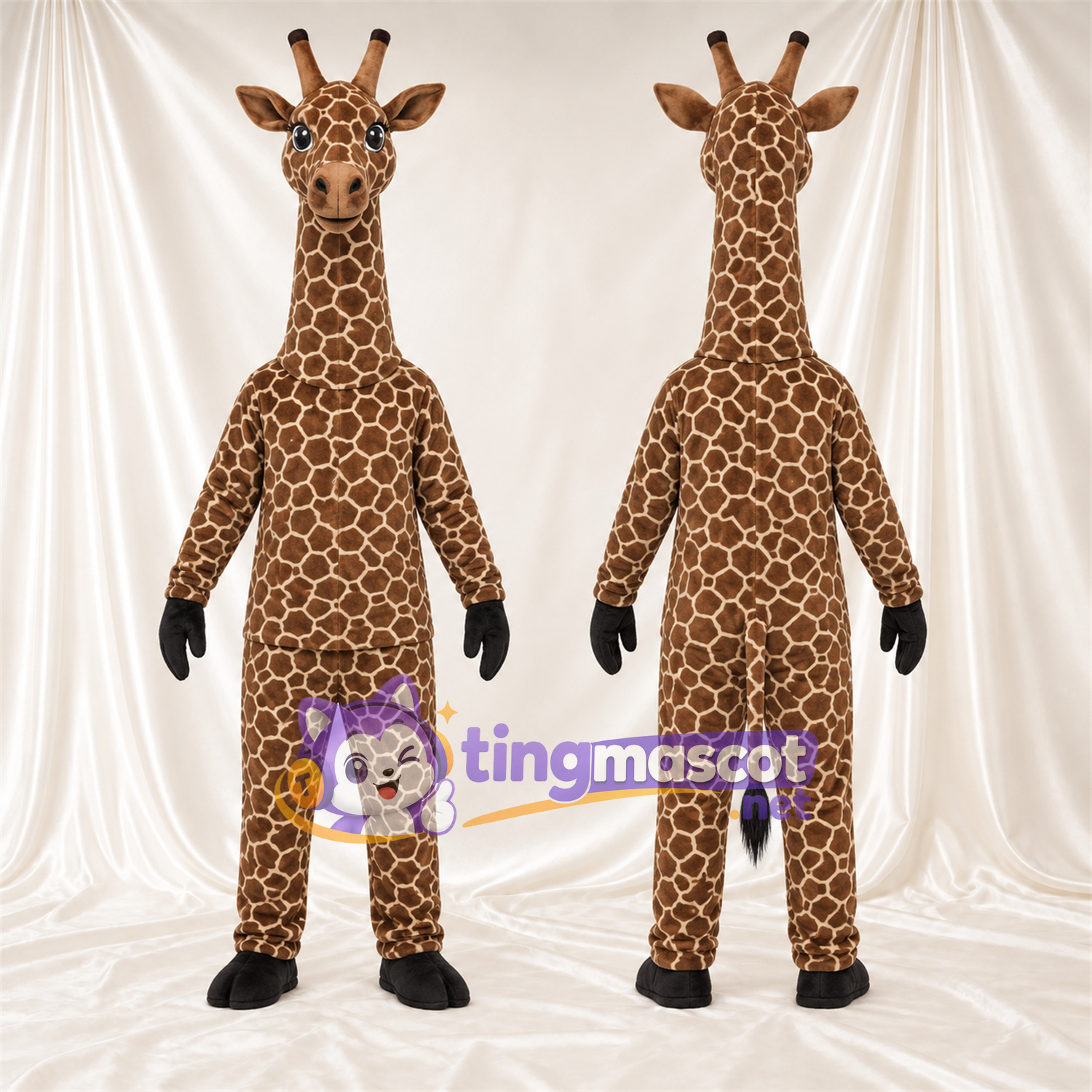 Brown and Cream Giraffe Mascot Costume - Black Gloves and Small Patch Pattern Brown and Cream Giraffe Mascot Costume - Black Gloves and Small Patch Pattern