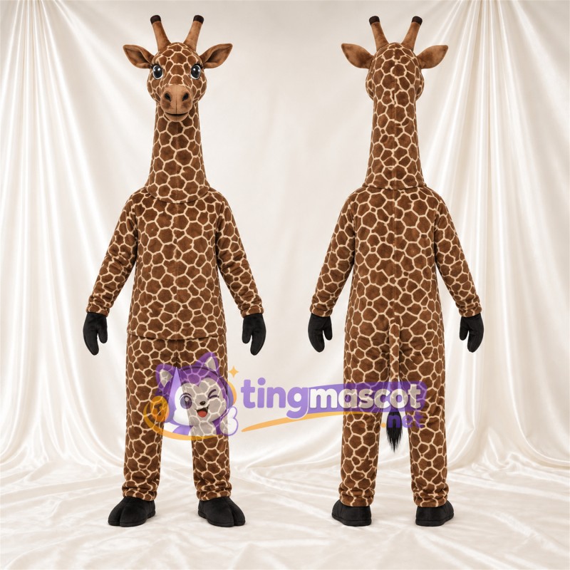 Brown and Cream Giraffe Mascot Costume - Black Gloves and Small Patch Pattern