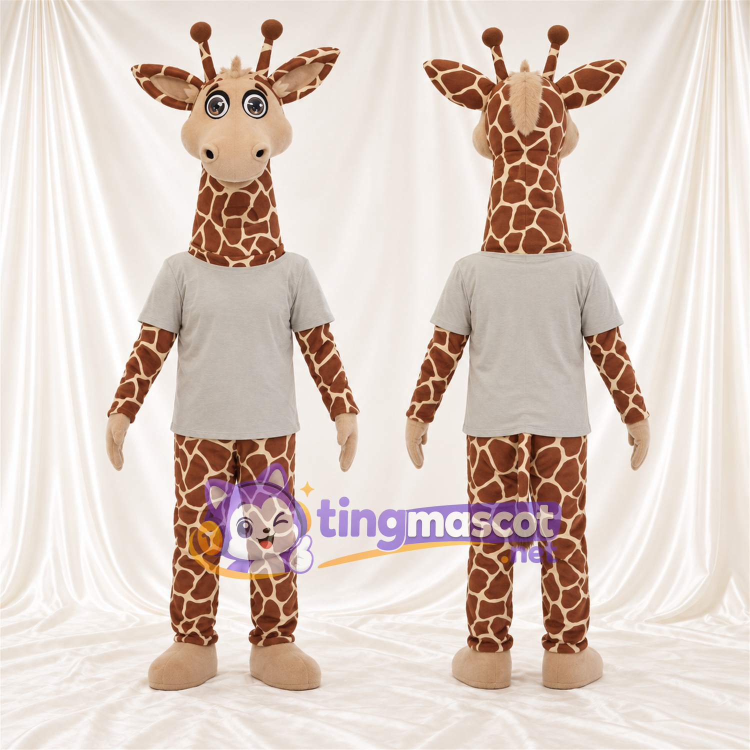 Costume de mascotte Girafe – marron / crème – Chemise (blanc); Visage (crème) Costume de mascotte Girafe – marron / crème – Chemise (blanc); Visage (crème)