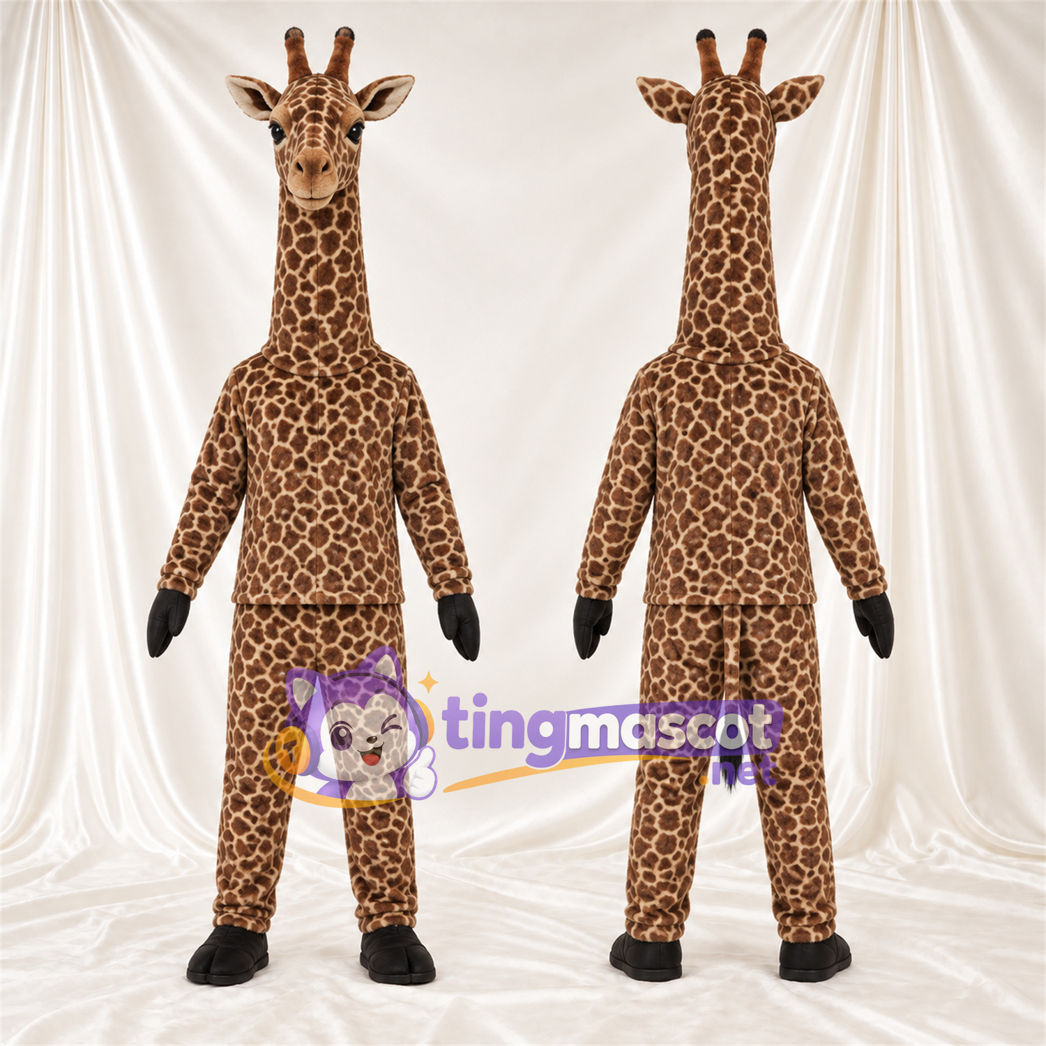 Brown and Cream Giraffe Mascot Costume - Black Gloves and Small Patch Pattern Brown and Cream Giraffe Mascot Costume - Black Gloves and Small Patch Pattern