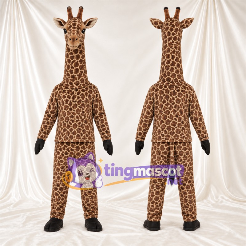 Brown and Cream Giraffe Mascot Costume - Black Gloves and Small Patch Pattern