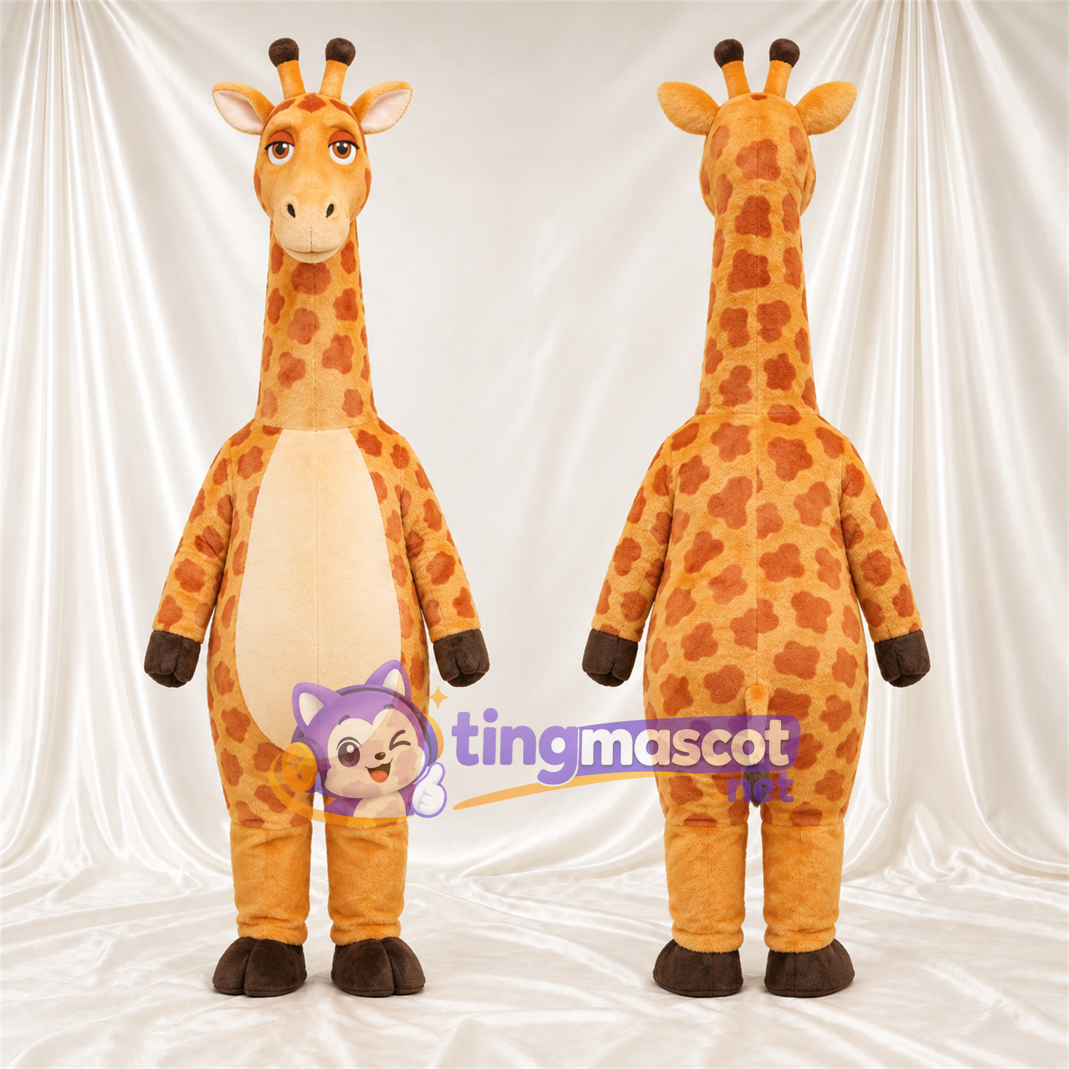 Maskottchenkostüm Giraffe – gelb / braun – Bauch (creme); Kleines Fleckenmuster Maskottchenkostüm Giraffe – gelb / braun – Bauch (creme); Kleines Fleckenmuster