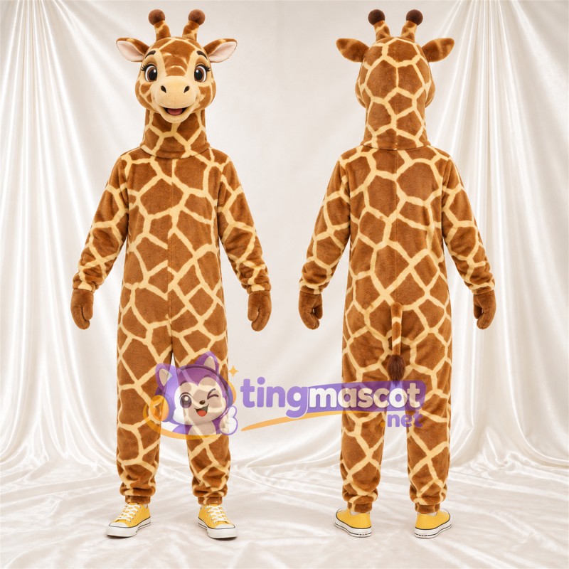 Costume de mascotte Girafe – marron / crème – Sourire avec dents; Motif à grandes taches