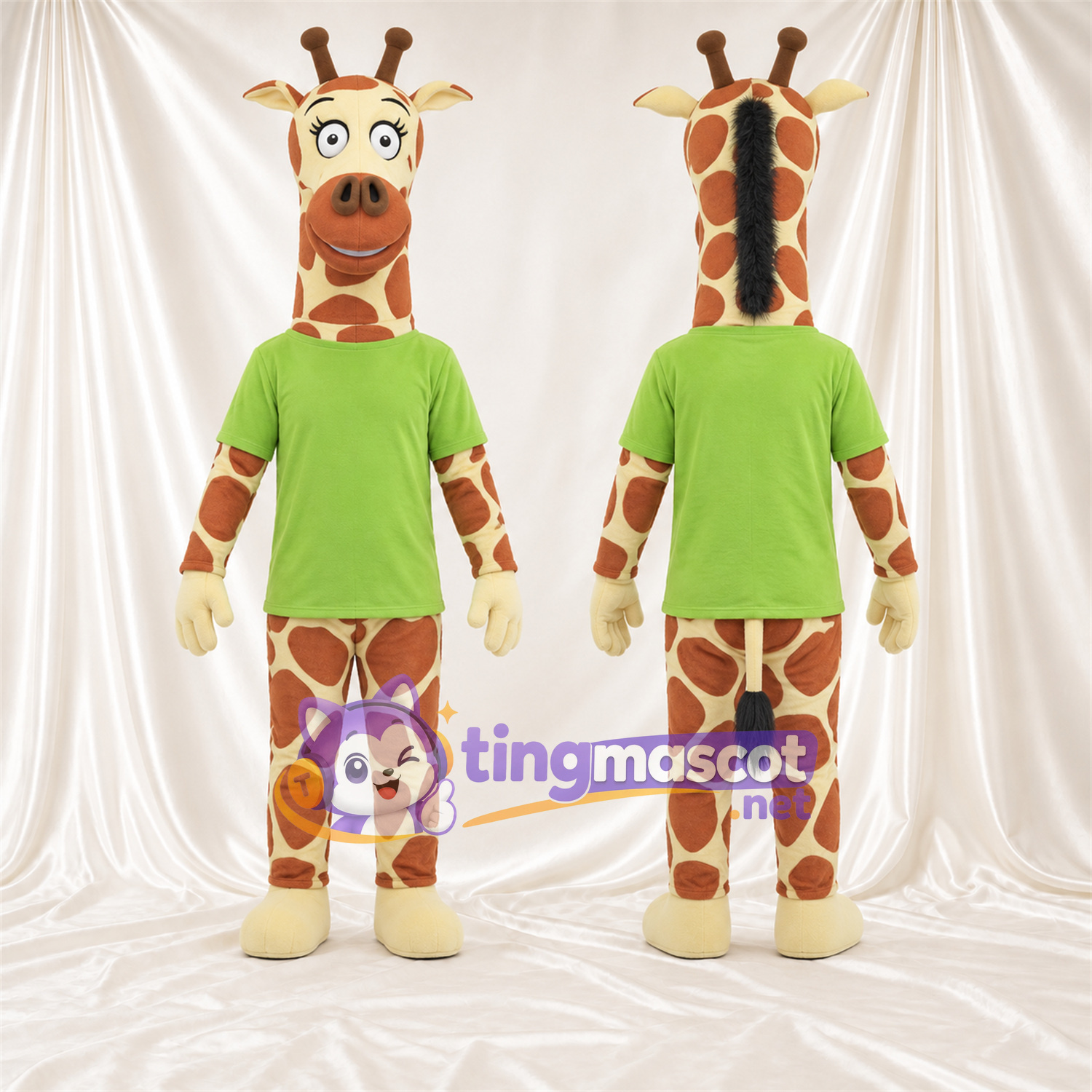 Costume de mascotte Girafe – marron / crème – Chemise (vert); Crinière (noir) Costume de mascotte Girafe – marron / crème – Chemise (vert); Crinière (noir)