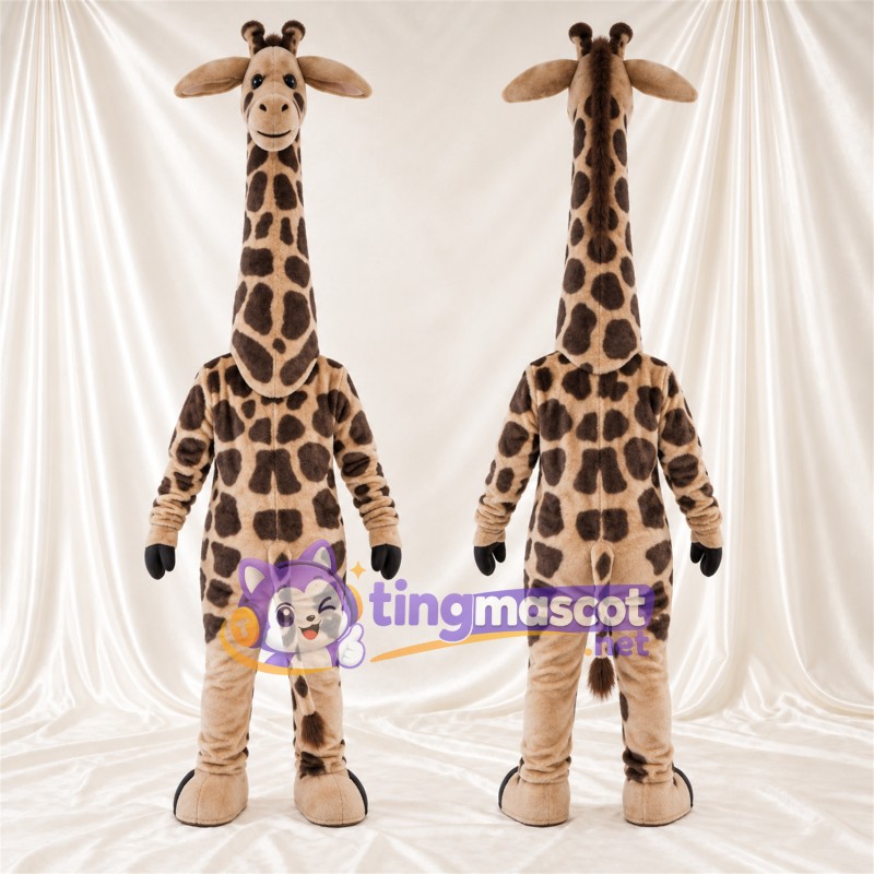 Costume de mascotte Girafe – marron / crème – Visage souriant; Motif à grandes taches