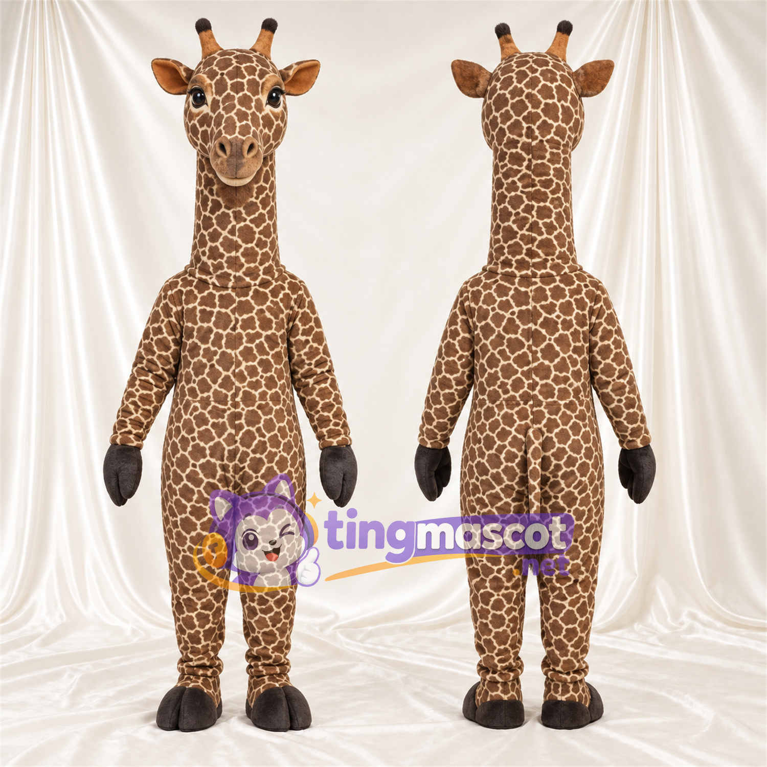 Brown and Cream Giraffe Mascot Costume - Black Gloves and Small Patch Pattern Brown and Cream Giraffe Mascot Costume - Black Gloves and Small Patch Pattern