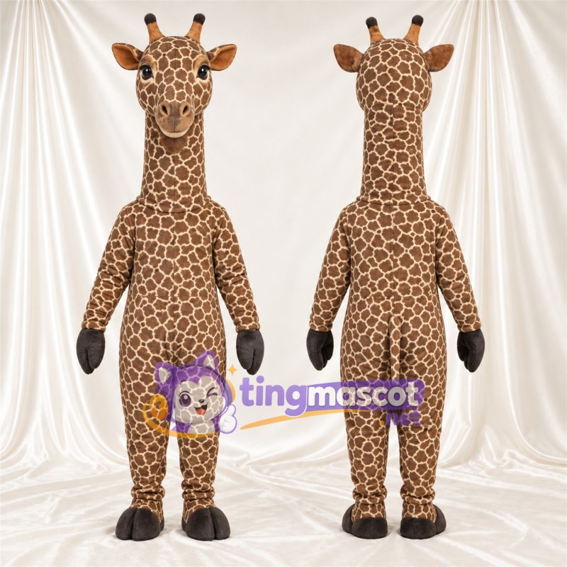 Brown and Cream Giraffe Mascot Costume - Black Gloves and Small Patch Pattern