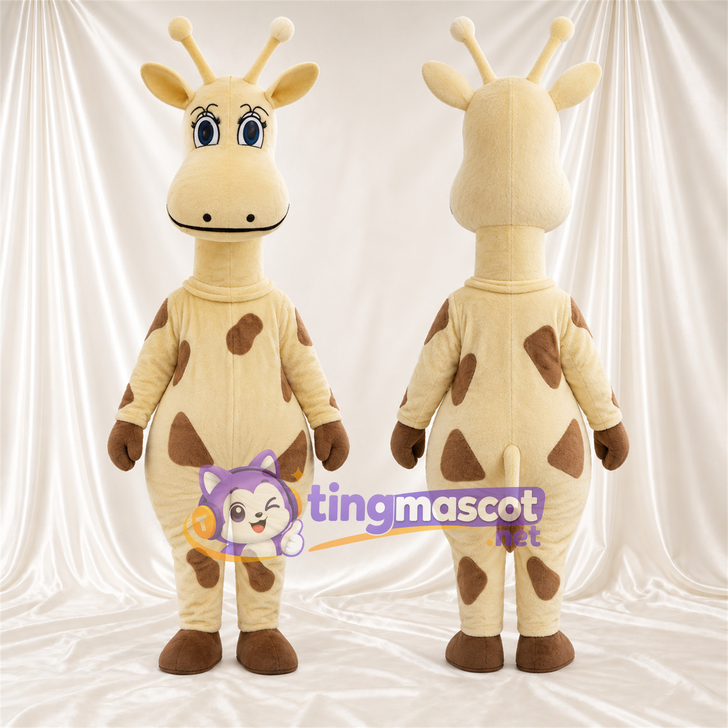 Maskottchenkostüm Giraffe – braun / creme – Augen (blau); Großes Fleckenmuster Maskottchenkostüm Giraffe – braun / creme – Augen (blau); Großes Fleckenmuster