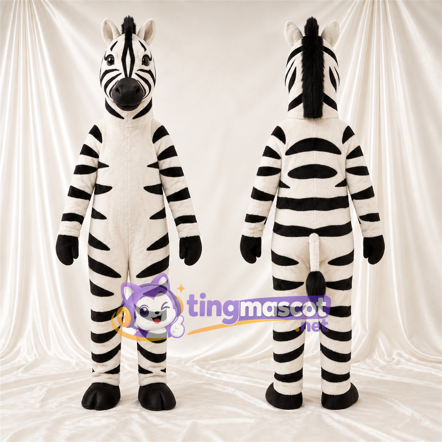 Black and White Zebra Mascot Costume - Black Muzzle and Upright Mane