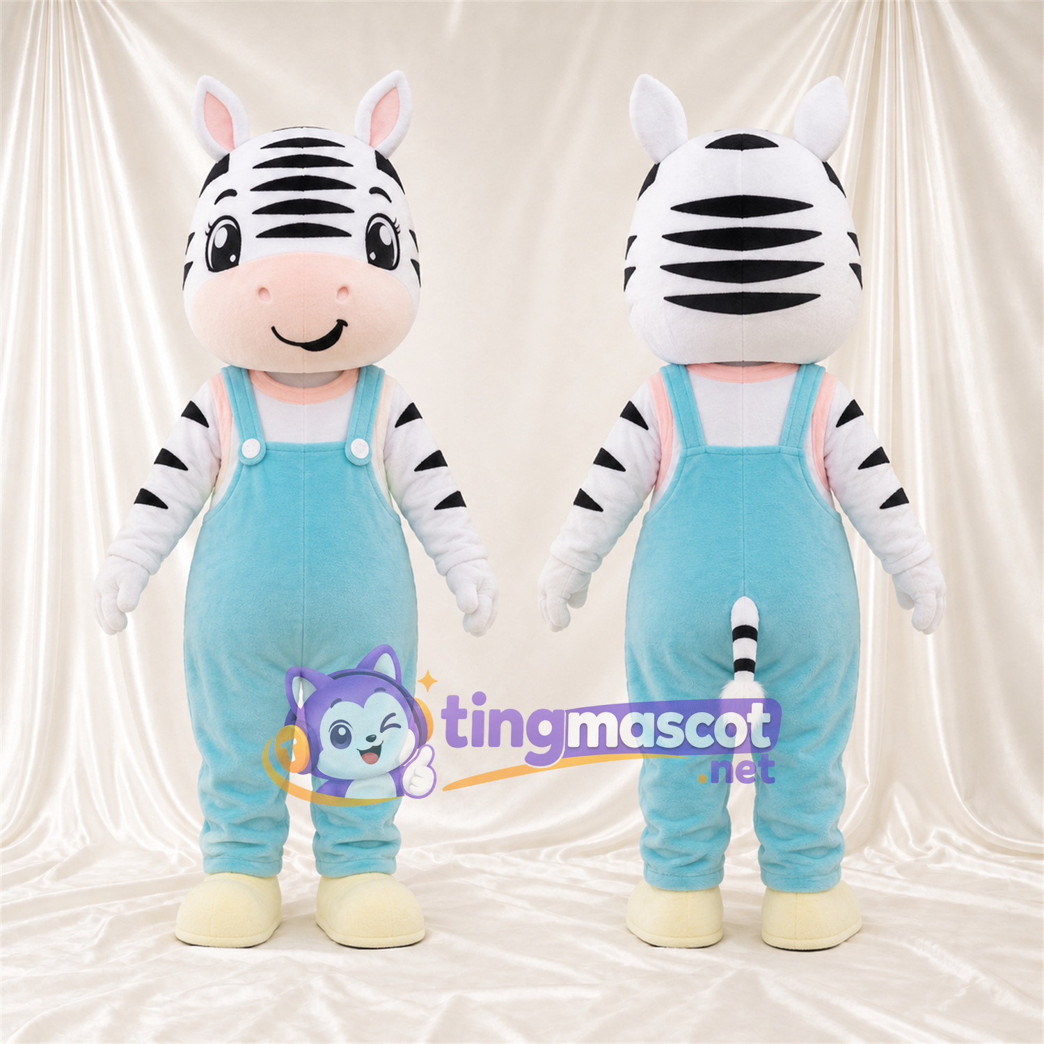Black and White Zebra Mascot Costume - Blue Overalls Black and White Zebra Mascot Costume - Blue Overalls