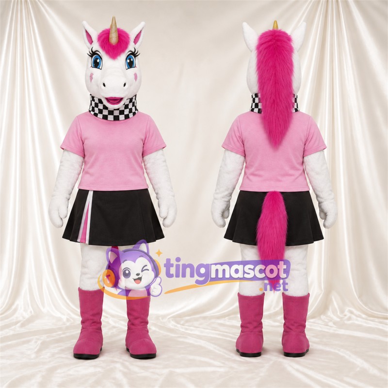 Maskottchenkostüm Einhorn – weiß – Hemd (rosa); Rock (schwarz)