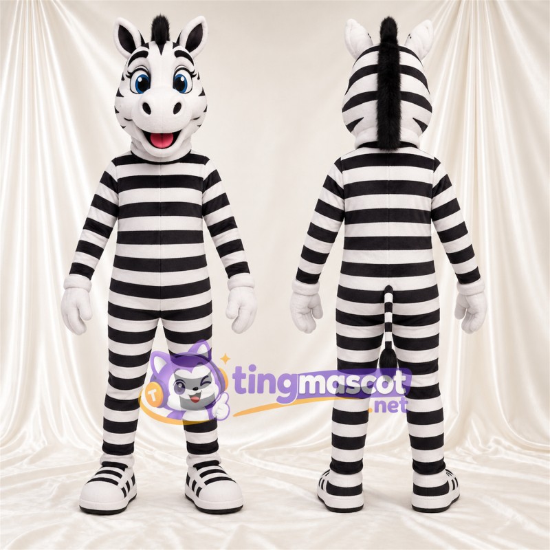 Black and White Zebra Mascot Costume - Blue Eyes and White Gloves