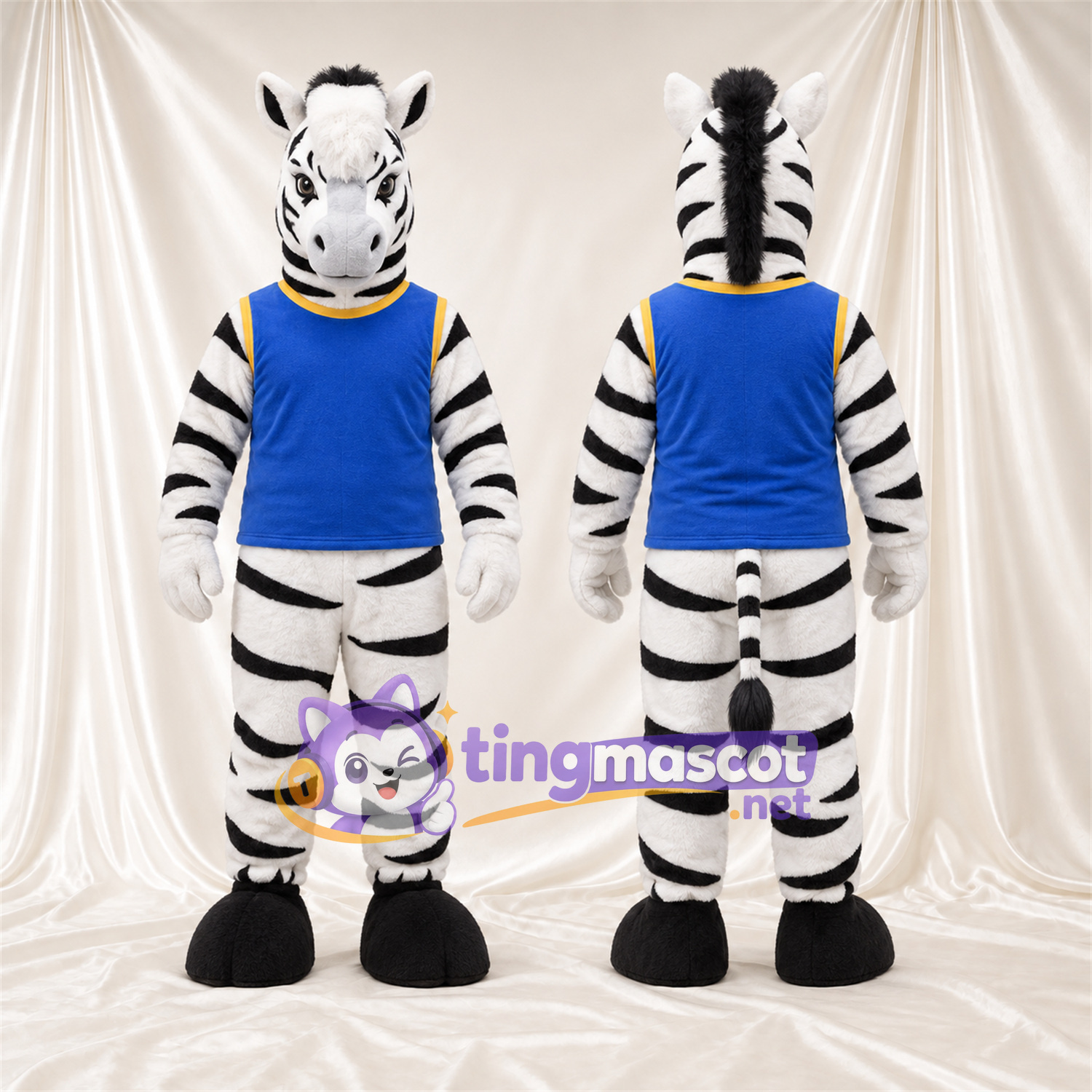 Black and White Zebra Mascot Costume - Blue Shirt Black and White Zebra Mascot Costume - Blue Shirt
