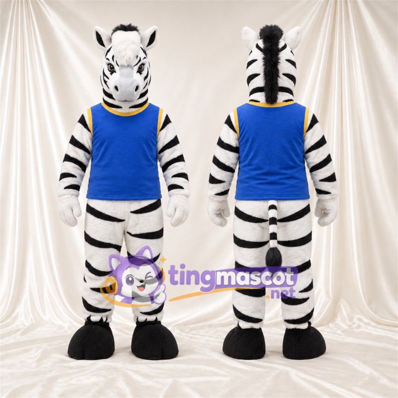 Black and White Zebra Mascot Costume - Blue Shirt