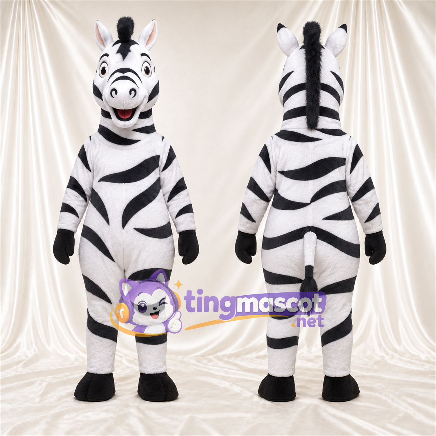 Black and White Zebra Mascot Costume - Broad Curved Stripes and Smiling Face Black and White Zebra Mascot Costume - Broad Curved Stripes and Smiling Face
