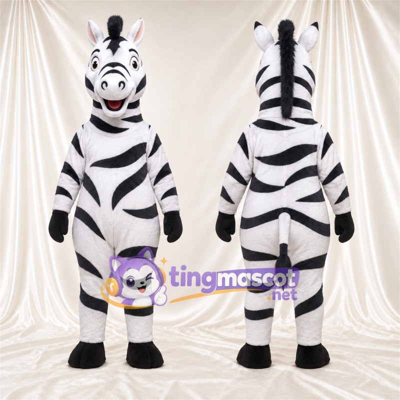 Black and White Zebra Mascot Costume - Broad Curved Stripes and Smiling Face