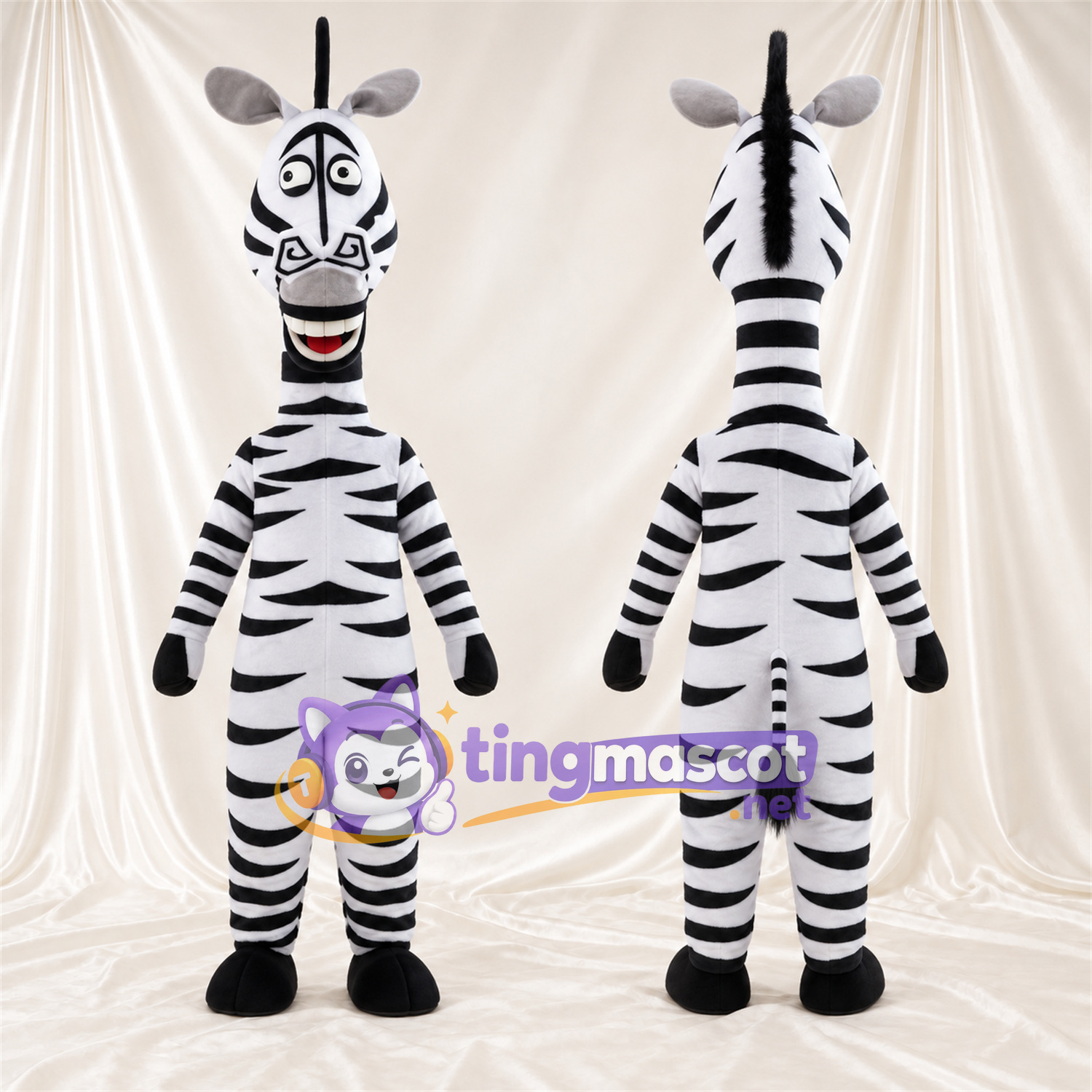 Maskottchenkostüm Zebra – schwarz / weiß – Langer Hals; Breites Zahngrinsen Maskottchenkostüm Zebra – schwarz / weiß – Langer Hals; Breites Zahngrinsen